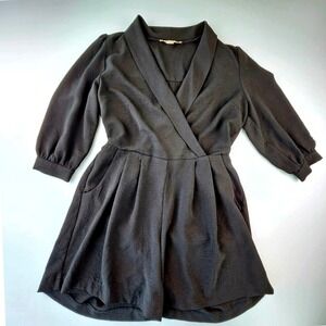 Monteau Los Angeles Black Romper Shawl Collar Wrap 3/4 Sleeve Junior M Goth 90s